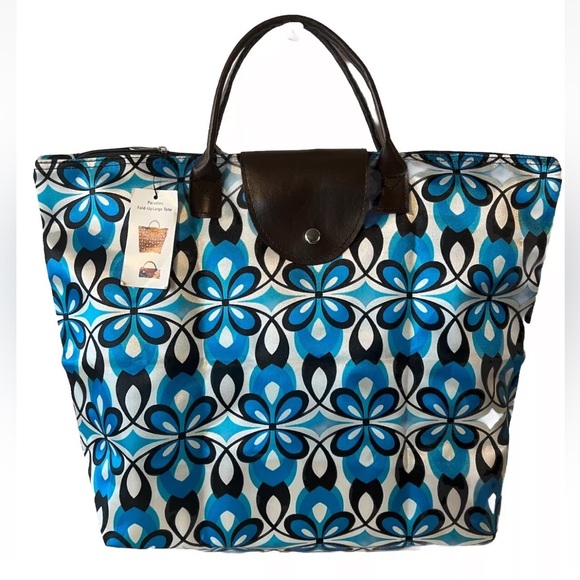 Fold-Up Pliage Large Tote Nylon Bag Geometric Pattern Vibrant Blue - Picture 1 of 8